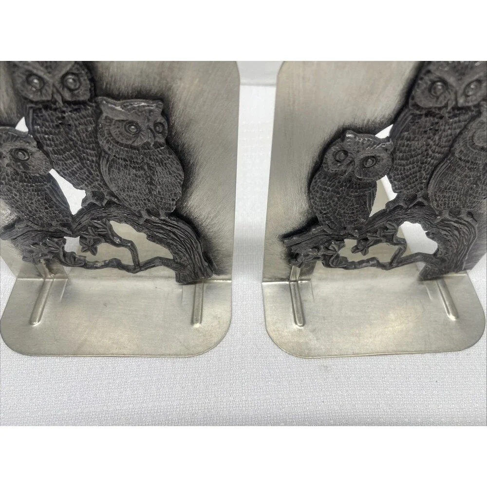 Vintage Owl Bookends Pewter Antiqued Metal Book Ends Three Owls MCM Set of 2 EUC